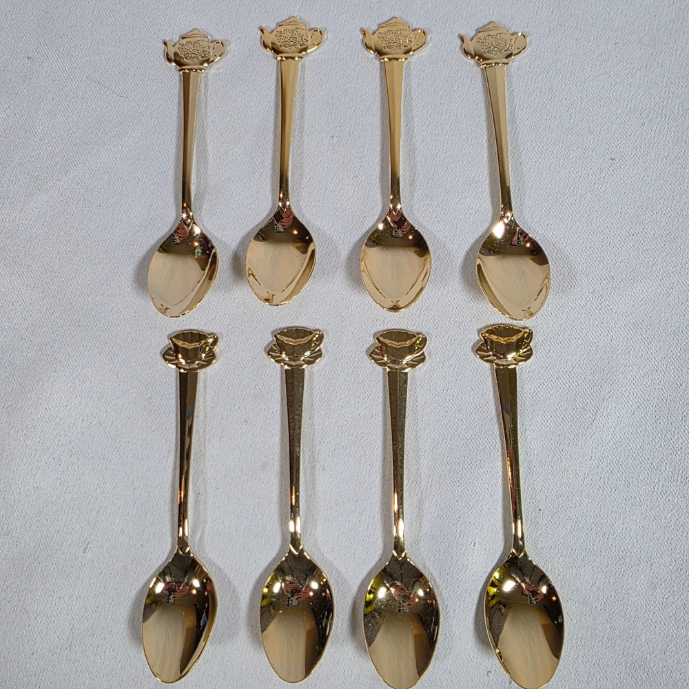 Vintage HIC Japan Gold-tone Stainless Teapot Teacup Demitasse Spoons Set of 8